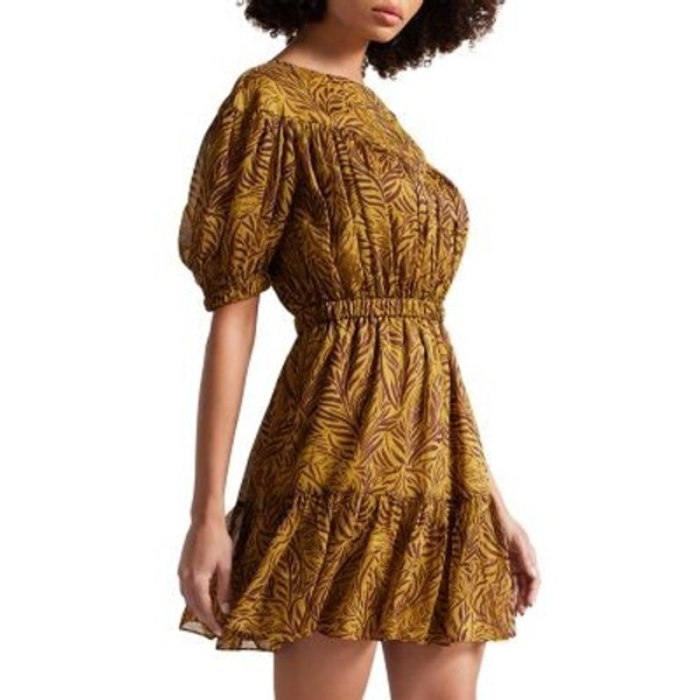 Ted Baker Mairley Mini Dress Women's 4 US 10 Yellow Leaf Puff Sleeve Yoke Detail